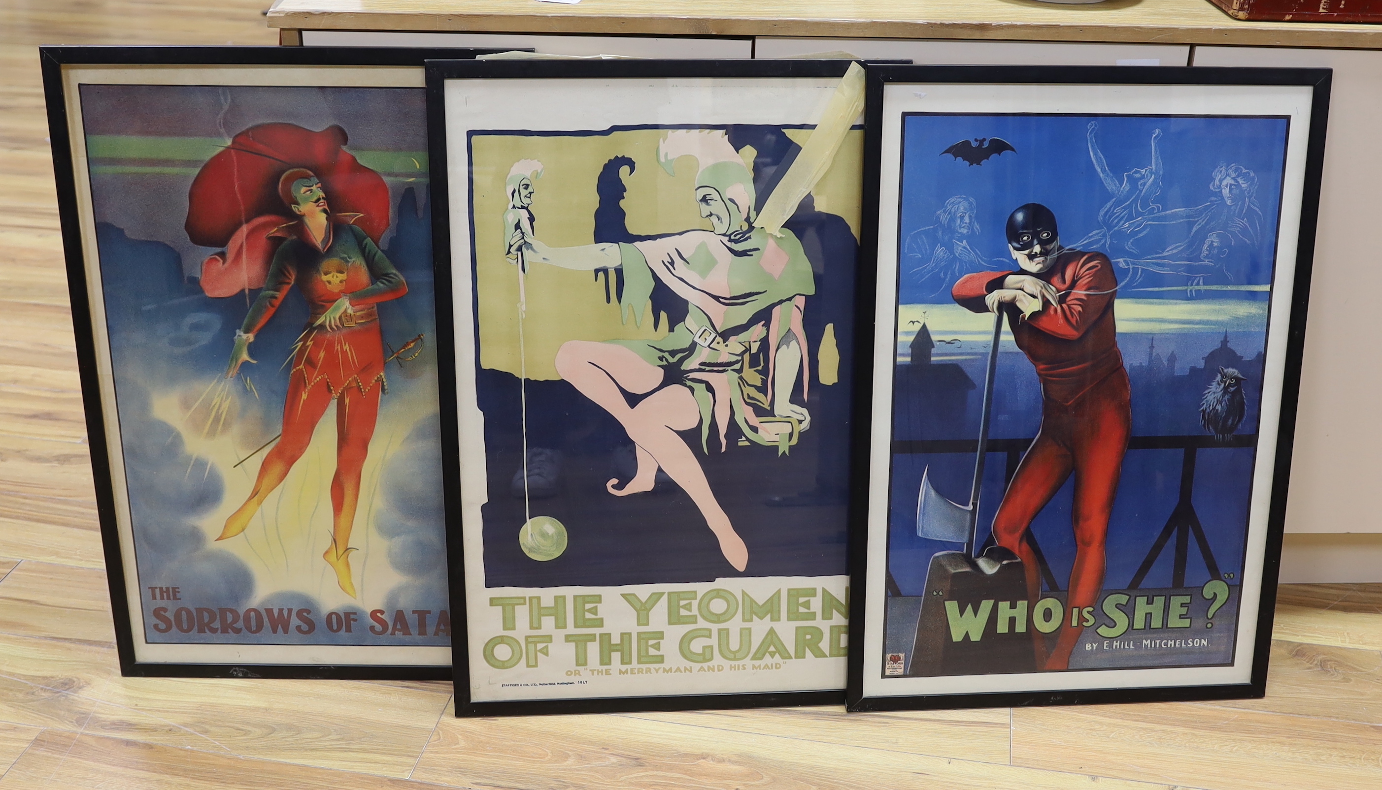 Three vintage Stafford & Co. Ltd, Nottingham theatre posters, comprising 'The Sorrows of Satan', 'The Yeoman of the Guard' and 'Who is She?', 75 x 50cm